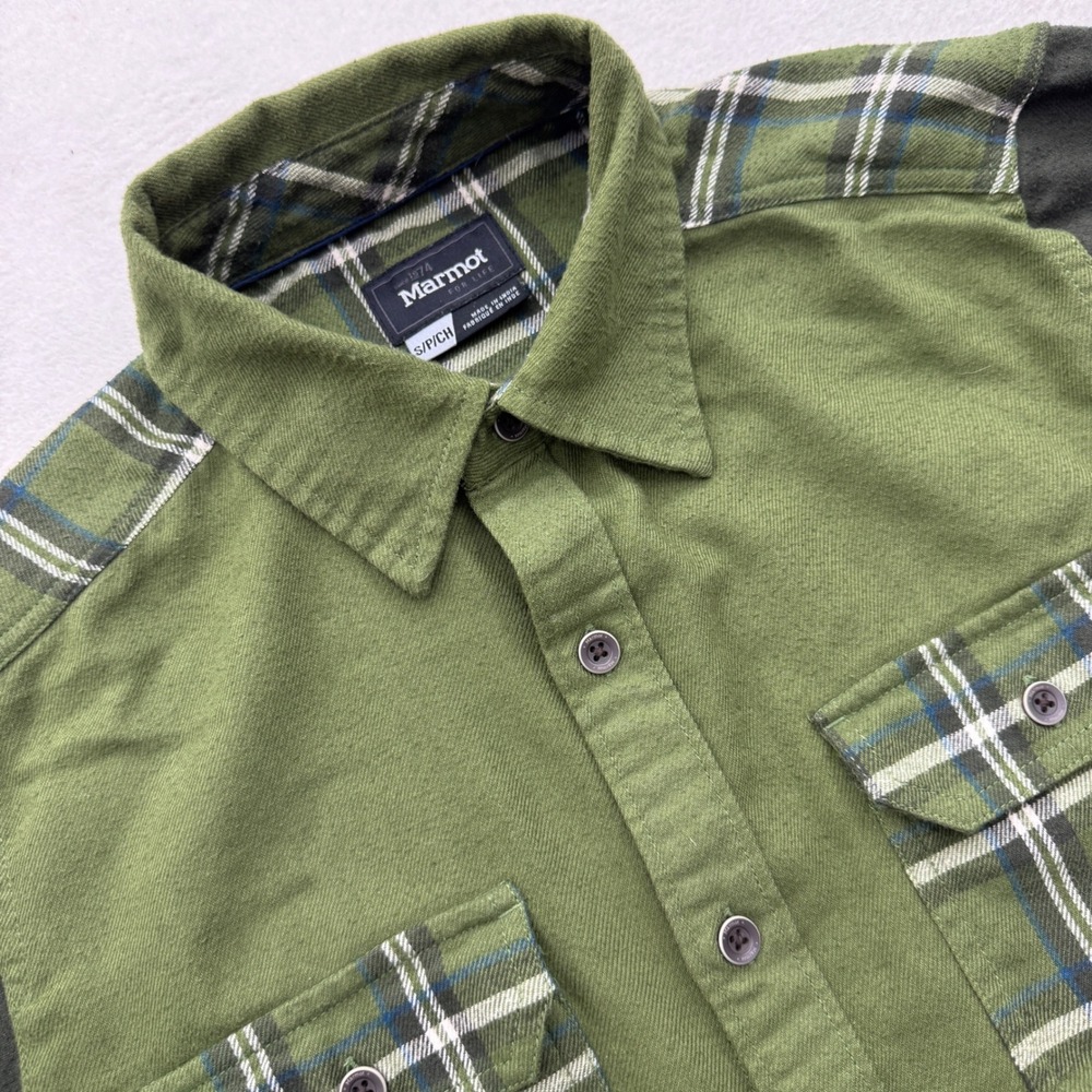 Marmot Button Down Shirt Mens S Small Green Plaid Colorblock Long Sleeve Flannel